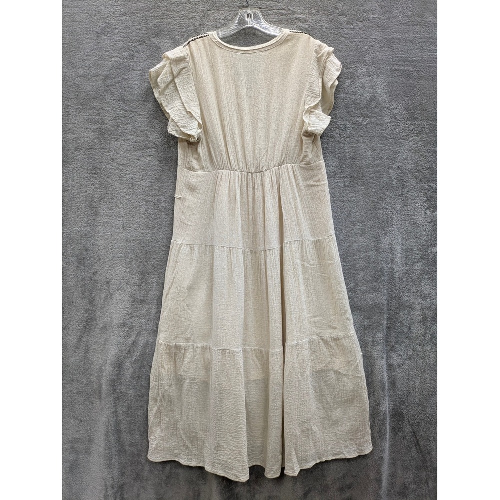 Boho Midi Dress Womens Large Linen Blend Tiered Embroidered Cream Peasant - Picture 6 of 7